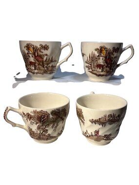 Johnson Bros The Old Mill Tea Cups Lot Of 4 Transferware Cottagecore Vtg England